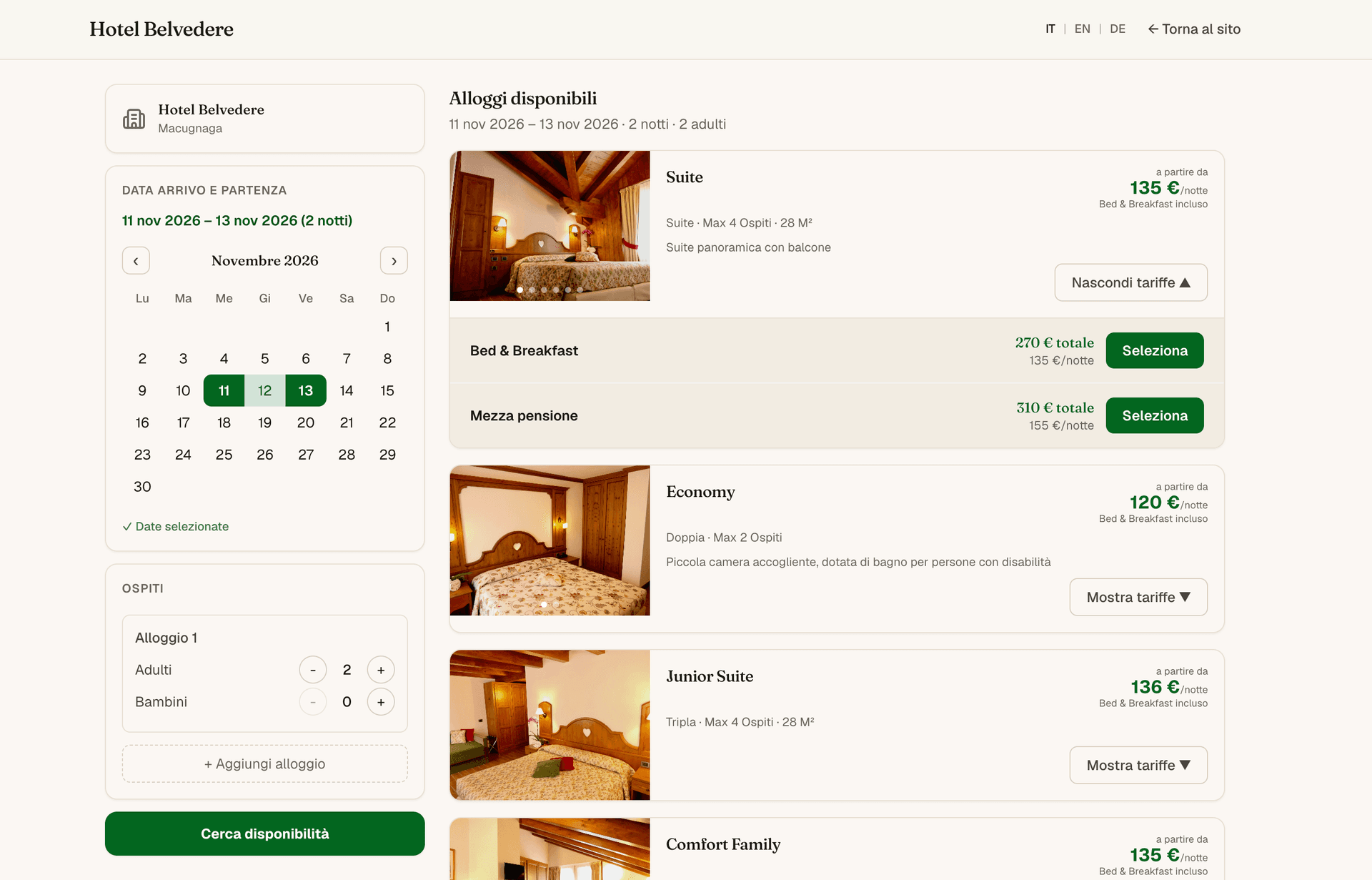 Il motore di prenotazione sul sito dell’hotel: l’ospite sceglie le date e gli ospiti a sinistra, e a destra vede le camere disponibili con il prezzo di ogni trattamento.
