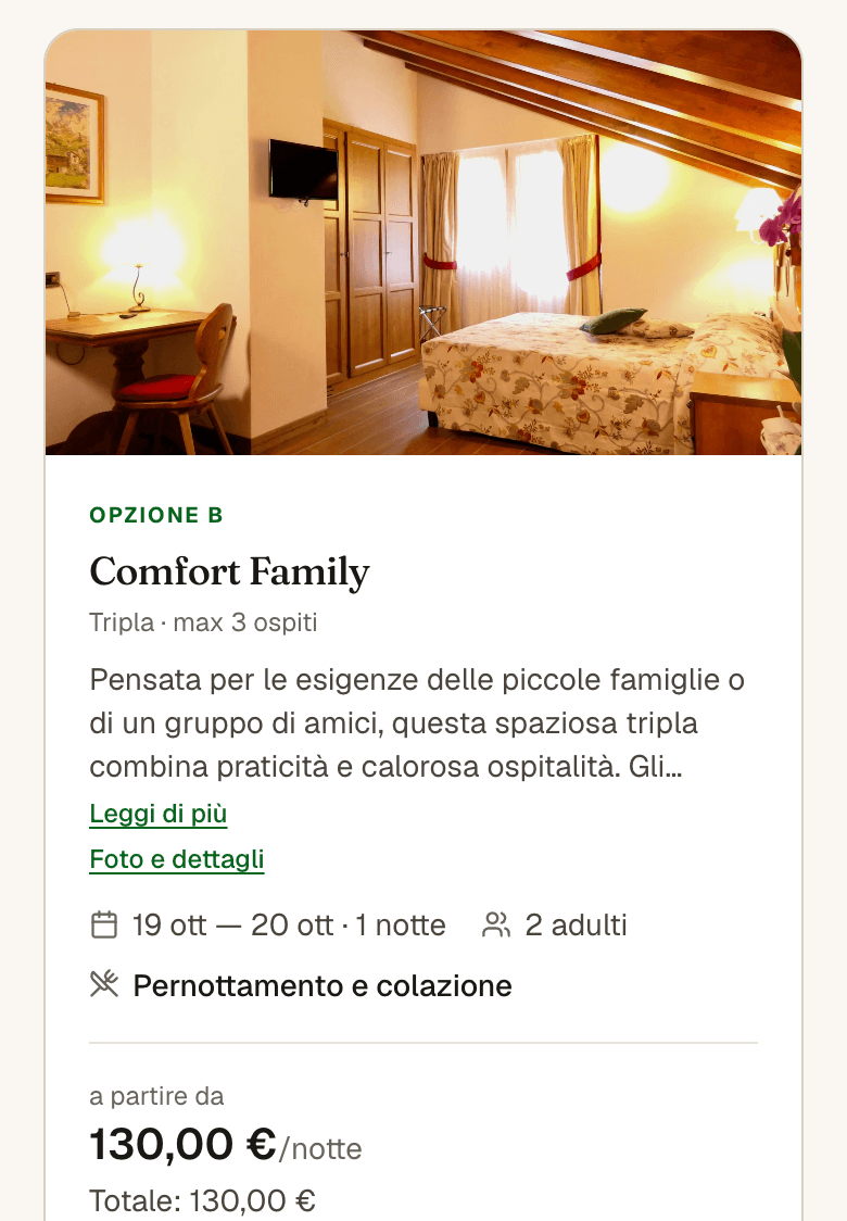 La stessa proposta al telefono: l’opzione B, una camera Comfort Family con la foto, il trattamento, il prezzo per notte e il totale.